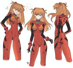 Rule 34 | 1girl, absurdres, ass, blue eyes, blush, bodysuit, breasts, brown hair, curvy, hands on own hips, highres, interface headset, lips, long hair, medium breasts, multiple views, neon genesis evangelion, netapai1, open mouth, plugsuit, red bodysuit, shiny clothes, simple background, solo, souryuu asuka langley, standing, tsundere, two side up, white background, wide hips