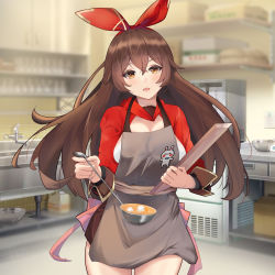 Rule 34 | 1girl, absurdres, amber (genshin impact), apron, blush, brown eyes, brown hair, genshin impact, hair ornament, highres, ladle, long hair, looking at viewer, open mouth, solo