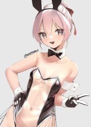 Rule 34 | 1girl, animal ears, arm cuffs, black bow, black bowtie, black gloves, black leotard, bow, bowtie, breasts, collarbone, commentary, dated commentary, detached collar, fake animal ears, gloves, grey background, hair bun, hand on own hip, leotard, light blush, looking at viewer, meme attire, navel, open mouth, original, pink eyes, pink hair, playboy bunny, rabbit ears, see-through, see-through leotard, side-tie leotard, simple background, single hair bun, skeptycally, small breasts, smile, solo, strapless, strapless leotard, translucent bunnysuit, twitter username, v