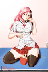 Rule 34 | 1girl, black thighhighs, breasts, brown eyes, collared shirt, dress shirt, full body, hair between eyes, heterochromia, highres, kimmy77, kneeling, large breasts, long hair, looking at viewer, miniskirt, multicolored hair, neck ribbon, neo politan, paddle, patreon logo, pink background, pink eyes, pink hair, pink ribbon, pleated skirt, red eyes, red skirt, ribbon, rwby, shirt, short sleeves, skirt, solo, split-color hair, striped clothes, striped shirt, table tennis, table tennis paddle, thighhighs, tongue, tongue out, two-tone hair, vertical-striped clothes, vertical-striped shirt, watermark, white shirt, wing collar, zettai ryouiki