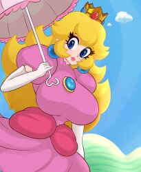 Rule 34 | 1girl, absurdres, blonde hair, blue eyes, blue gemstone, breasts, brooch, closed mouth, crown, dress, earrings, elbow gloves, eyelashes, flipped hair, fromariels, gem, gloves, highres, hill, holding, holding umbrella, jewelry, large breasts, lips, long hair, looking at viewer, mario (series), nintendo, outdoors, over shoulder, parasol, pink dress, pink lips, pink umbrella, pinky out, princess, princess peach, puffy short sleeves, puffy sleeves, short sleeves, smile, solo, super mario bros. 1, taut clothes, taut dress, thick lips, umbrella, white gloves