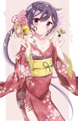 Rule 34 | &gt;:(, 10s, 1girl, absurdres, akebono (kancolle), alternate costume, bell, blush, collarbone, commentary request, facepaint, floral print, flower, frown, hagoita, hair bell, hair flower, hair ornament, hamaken. (novelize), hanetsuki, highres, japanese clothes, jingle bell, kantai collection, kimono, long hair, open mouth, paddle, pink background, purple eyes, purple hair, red kimono, side ponytail, solo, two-tone background, v-shaped eyebrows, very long hair, white background, yukata