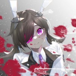 Rule 34 | 1girl, blood, blood on face, brown hair, crying, crying with eyes open, dark-skinned female, dark skin, eyepatch, grey background, hair over one eye, headgear, highres, long hair, looking at viewer, necktie, purple eyes, purple necktie, shirt, simple background, solo, tears, tower of fantasy, twintails, umi (tower of fantasy), upper body, white shirt, zhe feng yi