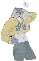 Rule 34 | 1boy, abs, animal ears, arm up, black eyes, body fur, colored sclera, cowboy shot, cropped jacket, ear piercing, floppy ears, furry, furry male, glack, grey fur, grey pants, hand on own hip, highres, hood, hooded jacket, jacket, korean commentary, korean text, long sleeves, looking at viewer, male focus, midriff, open mouth, original, pants, piercing, rabbit boy, rabbit ears, simple background, solo, speech bubble, toned, toned male, translation request, white background, yellow jacket, yellow sclera