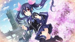Rule 34 | 10s, 1girl, alternate costume, bag, black hair, black thighhighs, blazer, blush, bow, bowtie, building, cherry blossoms, cloud, day, dress shirt, dutch angle, game cg, hair ribbon, highres, holding, jacket, lens flare, loafers, long hair, long sleeves, neptune (series), noire (neptunia), official art, open mouth, outdoors, petals, plaid, plaid bow, plaid bowtie, plaid neckwear, plaid skirt, pleated skirt, red eyes, ribbon, school bag, school uniform, shin jigen game neptune vii, shirt, shoes, skirt, solo, sparkle, thighhighs, tsunako, twintails, watermark