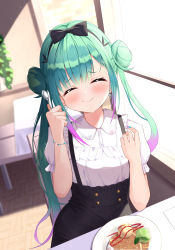 Rule 34 | 1girl, black bow, black skirt, blurry, blurry background, blush, bow, chair, closed eyes, closed mouth, commentary, day, depth of field, double bun, earrings, eating, facing viewer, food, gradient hair, green hair, hair bow, hair bun, hands up, high-waist skirt, highres, holding, holding spoon, hololive, indoors, jewelry, light particles, long hair, multicolored hair, nail art, nail polish, on chair, plate, purple hair, saki (saki paint), shirt, short sleeves, sidelocks, skirt, smile, solo, spoon, suspender skirt, suspenders, table, twintails, uruha rushia, very long hair, virtual youtuber, white shirt, window