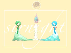 Rule 34 | 2girls, alternate color, arms at sides, blue hair, blue skin, bob cut, candle, character name, colored skin, creatures (company), crescent, female focus, fire, flat chest, from side, full body, full moon, game freak, gardevoir, gen 3 pokemon, green hair, green skin, highres, jpeg artifacts, moon, multicolored skin, multiple girls, nintendo, pokemon, pokemon (creature), profile, red eyes, shiny and normal, shiny pokemon, short hair, standing, star (symbol), symmetry, two-tone skin, white skin, yahi (pixiv 25180573), yellow background
