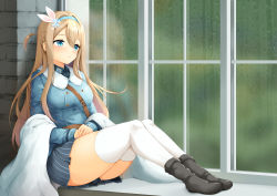 Rule 34 | 1girl, absurdres, black footwear, blonde hair, bloody0rabby, blue hair, blue jacket, blue skirt, breasts, commentary request, girls&#039; frontline, hair between eyes, hair ornament, hair ribbon, hairband, highres, jacket, long hair, medium breasts, military, military uniform, open mouth, ribbon, sitting, skirt, snowflake hair ornament, solo, striped clothes, striped skirt, suomi (girls&#039; frontline), thighhighs, thighs, uniform, white thighhighs, window, windowsill, zettai ryouiki