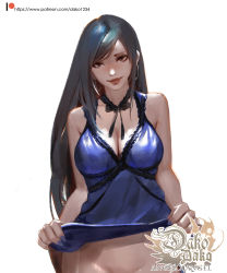 Rule 34 | 1girl, bottomless, bow, breasts, cleavage, collarbone, earrings, english text, final fantasy, final fantasy vii, garter straps, highres, hoop earrings, hu dako, jewelry, large breasts, long hair, looking at viewer, necklace, simple background, skirt, smile, solo, talking, tifa lockhart, tifa lockhart (refined dress), underwear, white background