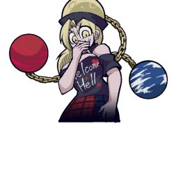 Rule 34 | 1girl, bare shoulders, black shirt, blonde hair, breasts, chain, clothes writing, hand on own face, hat, hecatia lapislazuli, hecatia lapislazuli (moon), helltaker, looking at viewer, multicolored clothes, off-shoulder shirt, off shoulder, shirt, skirt, solo, t-shirt, touhou, transparent background, warugaki (sk-ii), yellow eyes