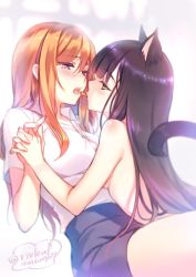 Rule 34 | 2girls, animal ears, black hair, breasts, cat ears, cat tail, clothed female nude female, dated, dress shirt, girl on top, green eyes, holding hands, interlocked fingers, long hair, miniskirt, mouth hold, multiple girls, nude, open mouth, orange hair, pencil skirt, purple eyes, riv (rivleaf), saliva, shirt, skirt, small breasts, tail, tears, twitter username, yuri