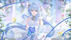 Rule 34 | 1girl, absurdres, ahoge, alternate costume, bare shoulders, bell, blue hair, blue ribbon, blue sky, bouquet, breasts, bridal veil, bride, bug, butterfly, chinese commentary, cloud, commentary request, crossed bangs, double-parted bangs, dress, floating hair, flower, ganyu (genshin impact), genshin impact, gloves, goat horns, hair flower, hair ornament, hand up, highres, holding, holding bouquet, horns, insect, long hair, looking at viewer, medium breasts, neck bell, open mouth, pillar, purple eyes, purple flower, qingxin flower, red flower, red rose, ribbon, rose, see-through veil, sidelocks, sky, sleeveless, sleeveless dress, solo, straight-on, upper body, veil, wedding dress, white dress, white flower, white gloves, white rose, white veil, yellow butterfly, yuki (miyuki kii)