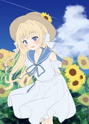 Rule 34 | 1girl, :d, absurdres, ahoge, arms behind back, blonde hair, blue eyes, blue ribbon, blue sailor collar, blue sky, braid, breasts, cleavage, collarbone, commentary request, dress, floating clothes, flower, hair ribbon, hat, hat flower, highres, holding, holding flower, leaning forward, long braid, long hair, looking at viewer, making-of, medium breasts, mole, mole under each eye, mole under eye, multiple moles, neck ribbon, open mouth, re:stage!, ribbon, sailor collar, sailor dress, shiratori amaha (re:stage!), single braid, sky, smile, solo, straw hat, sun hat, sunflower, white dress, yellow flower, yutuki ame