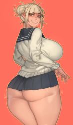 Rule 34 | 1girl, absurdres, ass, blonde hair, blue skirt, blush, boku no hero academia, breasts, closed mouth, cowboy shot, double bun, from behind, hair bun, highres, huge ass, kelvin hiu, large breasts, long sleeves, looking back, messy hair, miniskirt, pleated skirt, red background, school uniform, short hair, simple background, skirt, smile, solo, standing, sweater, thighs, toga himiko