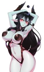 Rule 34 | 1girl, black hair, blush, breasts, colored skin, commentary, commission, cowboy shot, demon girl, demon horns, english commentary, gradient skin, green skin, grey skin, halphelt, hands on own head, hands up, head tilt, horns, large breasts, long hair, looking at viewer, navel, original, pointy ears, red eyes, simple background, smile, solo, white background