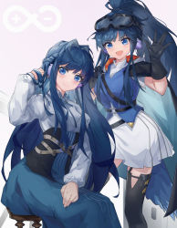 2girls :d absurdres arknights astesia_(arknights) astgenne_(arknights) black_cape black_gloves black_thighhighs blue_eyes blue_hair blue_shirt blue_skirt cape collared_shirt feet_out_of_frame gloves hair_intakes hand_up highres long_hair long_skirt looking_at_viewer multiple_girls open_mouth ponytail rhine_lab_logo shirt siblings sidelocks sisters sitting skirt sktre12 smile standing thighhighs very_long_hair waving white_shirt white_skirt