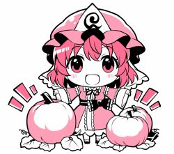Rule 34 | 1girl, blush, food, frilled kimono, frills, full body, hair between eyes, hat, japanese clothes, kapuchii, kimono, long sleeves, looking at viewer, mob cap, open mouth, outstretched arms, pink eyes, pink hair, pumpkin, saigyouji yuyuko, short hair, simple background, smile, solo, spread arms, touhou, triangular headpiece, vegetable, white background, wide sleeves