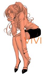 Rule 34 | 1girl, character name, long hair, long sleeves, monochrome, nefertari vivi, one piece, pencil skirt, ponytail, simple background, sitting, skirt, solo, white background