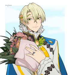 Rule 34 | 1boy, alfred (fire emblem), blonde hair, bouquet, closed mouth, collar, fire emblem, fire emblem engage, flower, frilled collar, frilled sleeves, frills, green eyes, hair ornament, highres, holding, holding bouquet, jewelry, looking at viewer, male focus, merylemons, nintendo, ring, short hair
