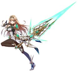 Rule 34 | 1girl, aegis sword (xenoblade), bare shoulders, black pantyhose, blonde hair, breasts, chest jewel, dress, earrings, elbow gloves, female focus, full body, gem, gloves, headpiece, jewelry, large breasts, long hair, looking at viewer, matching hair/eyes, mythra (massive melee) (xenoblade), mythra (xenoblade), nintendo, official art, pantyhose, short dress, solo, super smash bros., swept bangs, tiara, transparent background, very long hair, weapon, white dress, xenoblade chronicles (series), xenoblade chronicles 2, yellow eyes