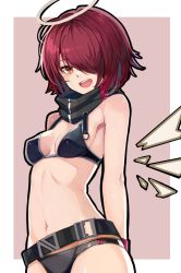 Rule 34 | 1girl, arknights, bare arms, bare shoulders, belt, bikini, black belt, black bikini, black scarf, breasts, brown eyes, commentary request, exusiai (arknights), hair over one eye, halo, highres, idashige (walkietalkie), looking at viewer, medium breasts, navel, red hair, scarf, short hair, solo, stomach, swimsuit, upper body