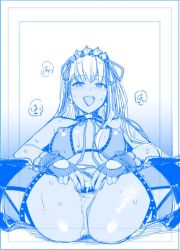 Rule 34 | 1girl, bb (fate), bb (fate) (all), bb (swimsuit mooncancer) (fate), bb (swimsuit mooncancer) (second ascension) (fate), bikini, blue theme, covered erect nipples, fate/grand order, fate (series), hair ribbon, hairband, haruhisky, long hair, monochrome, open mouth, pussy, revealing clothes, ribbon, see-through, solo, spread legs, spread pussy, swimsuit, uncensored