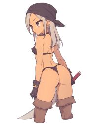 Rule 34 | 1girl, ass, back, bandana, bikini, black bandana, black bikini, black gloves, boots, breasts, brown footwear, cowboy shot, cropped legs, everyntrge, expressionless, female focus, from behind, gloves, grey eyes, grey hair, holding, holding sword, holding weapon, long hair, original, pirate, simple background, small breasts, solo, standing, string bikini, swimsuit, sword, tan, thigh boots, weapon, white background