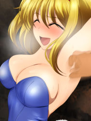 Rule 34 | 1girl, 1other, alice margatroid, alternate costume, armpits, arms up, blonde hair, blue leotard, blush, breasts, cleavage, closed eyes, commentary request, frilled hairband, frills, hairband, laughing, leotard, lolita hairband, medium breasts, open mouth, playboy bunny, rabbit tail, red hairband, restrained, short hair, tail, tickling, tickling armpits, touhou, upper body, yadokari genpachirou