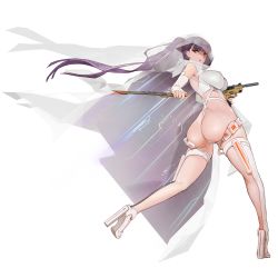 Rule 34 | 1girl, ass, ass cutout, bondage outfit, boots, breasts, bridal veil, clothing cutout, dress, from behind, full body, game cg, gun, high heels, highres, huge ass, knife, large breasts, last origin, leotard, long hair, looking at viewer, machine pistol, official art, phantom (last origin), ponytail, red eyes, revealing clothes, rorobomb, simple background, solo, submachine gun, suppressor, tachi-e, thigh boots, thighhighs, thong, transparent background, uzi, veil, weapon, wedding dress, white thighhighs