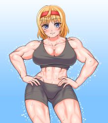 Rule 34 | 1girl, abs, absurdres, alice margatroid, alternate costume, biceps, bike shorts, blonde hair, blue background, blush, breasts, cleavage, closed mouth, collarbone, commentary request, contrapposto, cookie (touhou), cowboy shot, gradient background, grey eyes, grey shorts, grey sports bra, hairband, hands on own hips, highres, large breasts, looking at viewer, medium bangs, midriff, muscular, muscular female, navel, obliques, red hairband, sakuranbou (cookie), short hair, shorts, smile, solo, sports bra, standing, sweat, touhou, tsukuru hajime