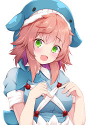 Rule 34 | 1girl, :d, animal hat, blue hat, blue shirt, blush, breasts, green eyes, hat, looking at viewer, medium breasts, okunoda miyoi, open mouth, pink hair, rururiaru, shirt, short hair, short sleeves, simple background, smile, solo, touhou, upper body, whale hat, white background