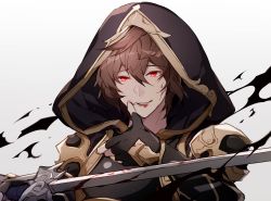 Rule 34 | 1boy, armor, black gloves, black shirt, blood, blood on face, bloody weapon, brown hair, commentary request, crazy eyes, crazy smile, fingerless gloves, gloves, gold trim, granblue fantasy, highres, hizuki miya, holding, holding sword, holding weapon, hood, hood up, male focus, red eyes, sandalphon (granblue fantasy), shirt, short hair, shoulder armor, simple background, smile, solo, sword, upper body, weapon, white background