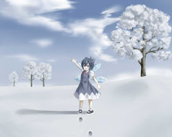Rule 34 | 1girl, ahoge, ankle socks, arm up, arms up, blue eyes, blue hair, blue sky, bow, cirno, cloud, day, dress, footprints, hair bow, hair ornament, hill, ice, ice wings, looking at viewer, mary janes, matching hair/eyes, oshinko, outdoors, puffy short sleeves, puffy sleeves, ribbon, shadow, shoes, short hair, short sleeves, sky, smile, snow, socks, solo, standing, touhou, tree, wings, winter