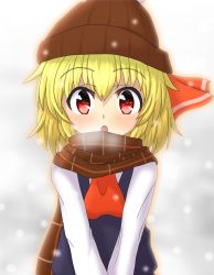 Rule 34 | 1girl, :o, ascot, beanie, blonde hair, blush, collared shirt, hair ribbon, hat, long sleeves, looking at viewer, open mouth, red eyes, ribbon, rumia, scarf, shirt, short hair, snowing, solo, teoi (good chaos), touhou, vest