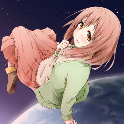 Rule 34 | 10s, 1girl, brown eyes, brown hair, cardigan, commentary request, earth (planet), kagiana, kumashiro harumi, long hair, long skirt, planet with, skirt, solo, space, star (sky)