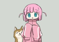 Rule 34 | 1girl, :d, absurdres, animal, aqua eyes, blunt bangs, blunt ends, bocchi the rock!, child, cosplay, dog, gotoh futari, gotoh hitori, gotoh hitori (cosplay), grey background, highres, jacket, jimihen, open mouth, oversized clothes, pink hair, short hair, sleeves past fingers, sleeves past wrists, smile, tokiwa (914), track jacket, two side up