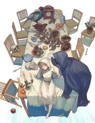 Rule 34 | 1boy, 1girl, animal, apple, barefoot, berry, bird, black skin, black vs white, blue eyes, bread, butter, butter knife, candelabra, candle, candlestand, chair, chicken, clock, closed mouth, colored skin, cup, death (entity), dress, eyepatch, flower, food, fork, fruit, highres, hood, hood up, knife, leaning, leaning forward, lemon, letter, looking at viewer, matchbox, matches, nishiki areku, original, parted lips, pear, plaid, plant, planted, planted knife, planted weapon, plate, potted plant, signature, sitting, spoon, sunflower, table, tablecloth, teacup, teapot, weapon, whispering, white dress