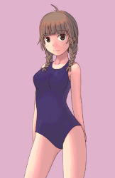 Rule 34 | 1girl, 808, braid, brown eyes, brown hair, kimi kiss, mizusawa mao, one-piece swimsuit, pink background, school swimsuit, short hair, smile, solo, standing, swimsuit, twin braids