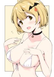 Rule 34 | 1girl, ahoge, bare shoulders, bat hair ornament, bikini, black choker, blonde hair, blush, breasts, choker, cleavage, collarbone, fang, front-tie bikini top, front-tie top, hair ornament, hand on own chest, hexagram, hololive, kichihachi, large breasts, looking at viewer, micro bikini, navel, open mouth, short hair, simple background, skin fang, smile, solo, star of david, swimsuit, two-tone background, underboob, upper body, virtual youtuber, white background, white bikini, yellow background, yellow eyes, yozora mel