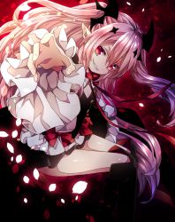 Rule 34 | 10s, 1girl, blonde hair, boots, fangs, female focus, foreshortening, gradient background, grin, highres, kneehighs, krul tepes, long hair, microskirt, moru, moru (misokaze), owari no seraph, petals, pleated skirt, pointy ears, red eyes, ribbon, skirt, smile, socks, solo, twintails, two side up, very long hair