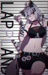 Rule 34 | 1girl, :d, absurdres, ahoge, animal ear fluff, animal ears, arknights, armband, bare shoulders, belt, bikini, bikini top only, black belt, black bikini, black choker, black nails, black shorts, bracelet, breasts, character name, choker, chromatic aberration, commentary, cowboy shot, dog tags, drop shadow, fangs, fingerless gloves, fingernails, gloves, grey background, grey eyes, groin, hair between eyes, hair ornament, hairclip, hands up, hanenosaki, head tilt, highres, jewelry, lappland (arknights), large breasts, long hair, looking at viewer, material growth, nail polish, navel, navel piercing, necklace, open mouth, oripathy lesion (arknights), piercing, scar, scar across eye, scar on face, sharp fingernails, sheath, sheathed, short shorts, shorts, silver hair, smile, solo, spiked bracelet, spikes, standing, stomach, swimsuit, sword, tail, thighs, weapon, white gloves, wolf ears, wolf tail