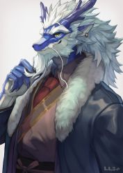 Rule 34 | 1boy, beard, closed mouth, collared shirt, commentary request, dragon, earrings, facial hair, fur trim, furry, furry male, green eyes, hand up, highres, horns, jacket, jewelry, long hair, long sleeves, male focus, necktie, original, red necktie, robe, shirt, shishimi (shishimi443), simple background, single earring, upper body, white background, white hair
