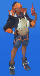 Rule 34 | 1boy, absurdres, black hoodie, blue background, brown hair, closed mouth, collared shirt, commentary, creatures (company), dark-skinned male, dark skin, dynamax band, earrings, game freak, gen 4 pokemon, gloves, gogoco, green eyes, gym leader, hand in pocket, hand up, highres, holding, holding phone, hood, hood down, hoodie, jewelry, knees, looking at viewer, male focus, nintendo, orange headwear, partially fingerless gloves, phone, pokemon, pokemon (creature), pokemon swsh, raihan (pokemon), rotom, rotom phone, shirt, shoes, short hair, shorts, side slit, side slit shorts, simple background, single glove, smile, standing, undercut