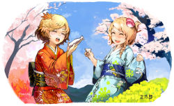 Rule 34 | 2girls, alcohol, blonde hair, cherry blossoms, japanese clothes, kimono, multiple girls, sake, short hair, shoutarou (tibi2)