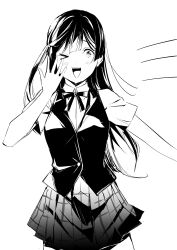 Rule 34 | &gt; o, 1girl, absurdres, blush, collared shirt, commentary request, greyscale, hand up, highres, long hair, looking at viewer, love live!, love live! nijigasaki high school idol club, monochrome, neck ribbon, nijigasaki academy school uniform, one eye closed, one side up, open mouth, outstretched arm, plaid, plaid skirt, pleated skirt, ribbon, school uniform, shirt, skirt, solo, standing, summer uniform, tommer, upper body, vest, white background, yuki setsuna (love live!)