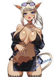 Rule 34 | 1girl, animal ears, black one-piece swimsuit, blonde hair, blue eyes, breasts, cat ears, cat tail, commission, covered navel, eyewear on head, final fantasy, final fantasy xiv, fishnet thighhighs, fishnets, gyaru, hand on own chest, hand on own stomach, highres, jacket, jewelry, kogal, large breasts, leather, leather jacket, light blush, lipstick, long bangs, makeup, miqo&#039;te, multicolored hair, nail polish, necklace, one-piece swimsuit, open mouth, pearl necklace, pixiv commission, ponytail, rantia, shiny skin, solo, streaked hair, sunglasses, swimsuit, tail, teeth, thighhighs, upper teeth only, warrior of light (ff14)
