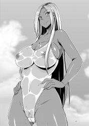 Rule 34 | 1girl, bare shoulders, breasts, cameltoe, cleavage, cleft of venus, covered erect nipples, covered navel, dark-skinned female, dark skin, female focus, female pubic hair, gigantic breasts, greyscale, halftone, hands on own hips, highleg, highleg swimsuit, highres, long hair, looking at viewer, monochrome, navel, nipples, nokoppa, one-piece swimsuit, original, pubic hair, see-through, smile, solo, swimsuit, wet