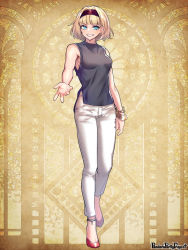 Rule 34 | 1girl, arm at side, blonde hair, blue eyes, bracelet, breasts, brown hairband, copyright name, full body, grey shirt, hairband, jewelry, morino bambi, pandora party project, pants, red footwear, shirt, short hair, sleeveless, small breasts, smile, solo, white pants, yellow background