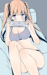 Rule 34 | 1girl, bare arms, bare legs, black ribbon, blue bra, blue panties, blunt bangs, blush, bra, breasts, cleavage, closed mouth, commentary request, couch, covering own mouth, eyelashes, feet out of frame, fingernails, from above, frown, hair ribbon, handheld game console, hands up, highres, holding, holding handheld game console, indoors, large breasts, legs up, long hair, looking at viewer, lying, midriff, nail polish, nintendo switch, on back, on couch, orange hair, original, panties, pink nails, purple eyes, ribbon, sidelocks, simple background, solo, sports bra, twintails, twitter username, underwear, underwear only, yu yu