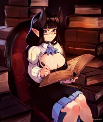 Rule 34 | 1girl, artist name, ascot, black dress, black hair, blue ascot, blunt bangs, blush, book, book stack, braid, breast rest, breasts, chair, commentary, dress, ear blush, english commentary, feet, frown, glasses, hair around ear, holding, holding book, holding pen, horns, indoors, juliet sleeves, knees together feet apart, long hair, long sleeves, looking at viewer, open book, original, pen, pointy ears, puffy long sleeves, puffy sleeves, purple eyes, signature, sitting, solo, squeezable (squeezabledraws), studying